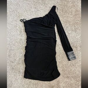 Black One Shoulder Ruched Dress with Rhinestone Cuff (1X)